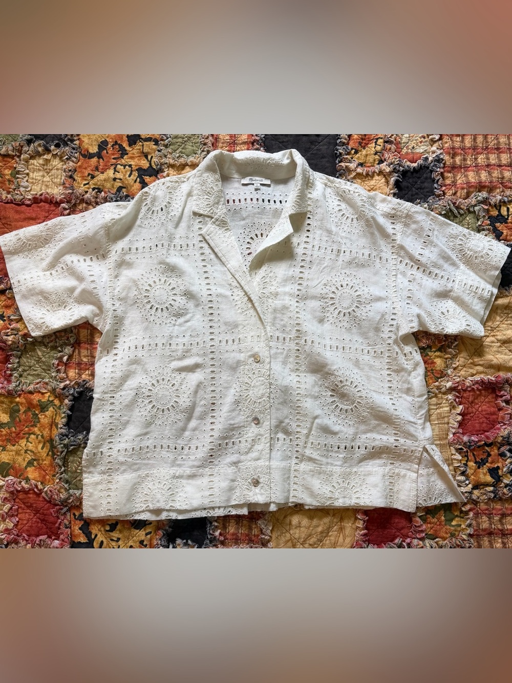 Madewell White Eyelet Button-Front Short Sleeve Blouse